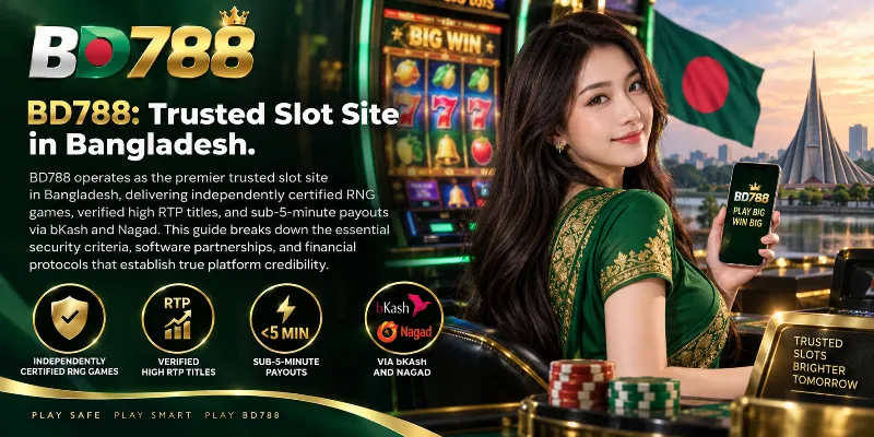 A digital interface of the BD788 trusted slot site in Bangladesh, highlighting certified RNG games, high RTP titles, and secure bKash payment options